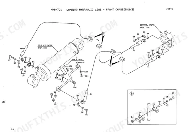Kawasaki 70ZIV exploded view of front chassis loading hydraulic lines, tilt cylinder, and control valve connections.