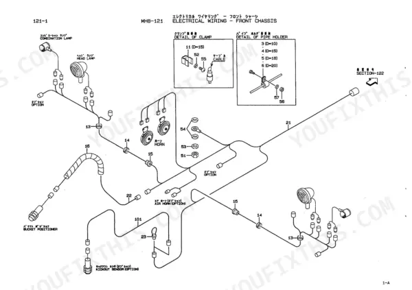 Kawasaki 70ZIV electrical wiring parts figure for front chassis, showing head lamps, horns, bucket positioner, and sensor components.