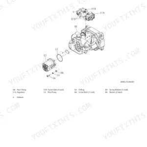 Kawasaki 80Z7 exploded view of pump device showing main pump, pilot pump, regulator, O-ring, and mounting hardware.