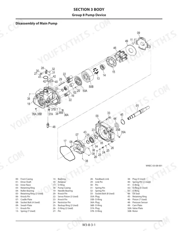 Kawasaki 80Z7 main pump disassembly exploded view diagram showing drive shaft, pistons, swash plate, and pump casing components.
