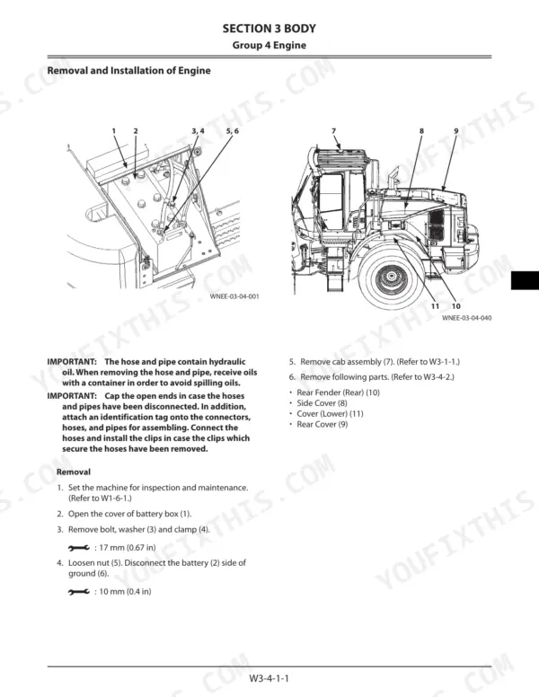 Kawasaki 80Z7 engine removal and installation procedure, showing battery box, cab, and rear body panel component diagrams.