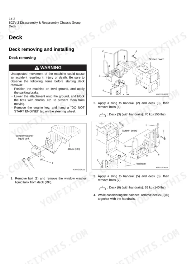 Kawasaki 80ZV-2 wheel loader cab deck removal procedure with sling and bolt illustrations