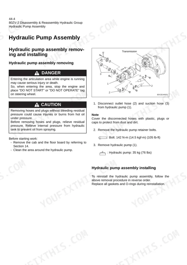 Kawasaki 80ZV-2 wheel loader hydraulic pump assembly removal with retainer bolt torque