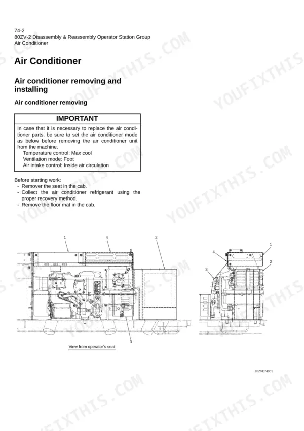 Kawasaki 80ZV-2 wheel loader air conditioner unit removal from the operator station