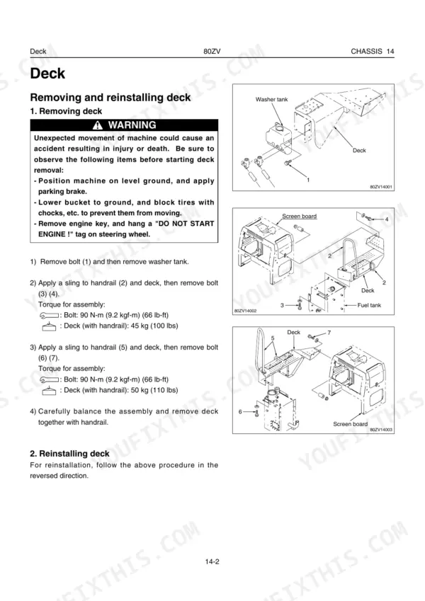 Kawasaki 80ZV service manual page showing deck removal and installation procedures, washer tank, and deck assembly diagrams.
