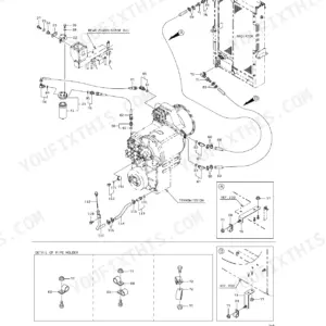 Kawasaki 85Z5 exploded view of transmission hydraulic lines, radiator connections, and pipe holder details.