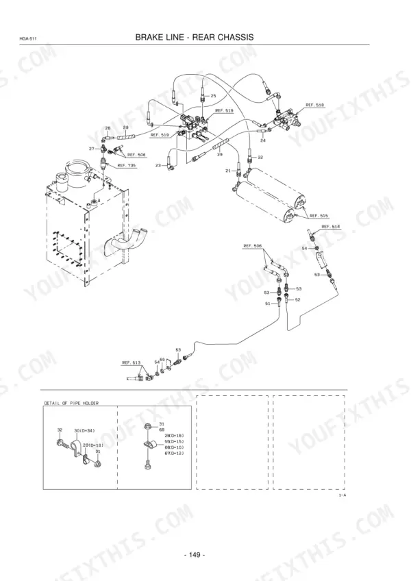 Kawasaki 85Z5 exploded view of rear chassis brake lines, hydraulic components, and pipe holder assembly details.