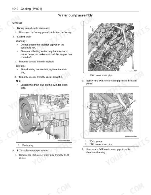 Kawasaki 95Z7, 115Z7 Isuzu 6WG1 wheel loader water pump assembly removal steps, cooling system