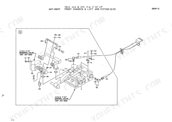 Kawasaki 95ZIII exploded view of front chassis and lift arm piping, showing control valve and sequence valve components.