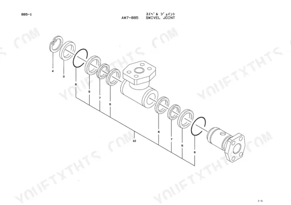 kawasaki-95ziii-wheel-loader-parts-catalog-aaap09720-0-hydraulic-parts-10.webp Kawasaki 95ZIII exploded view diagram of the AW7-885 swivel joint showing seals, rings, and housing components.