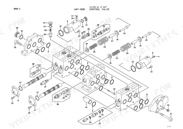 Kawasaki 95ZIII exploded view diagram of the hydraulic control valve assembly with numbered component parts.