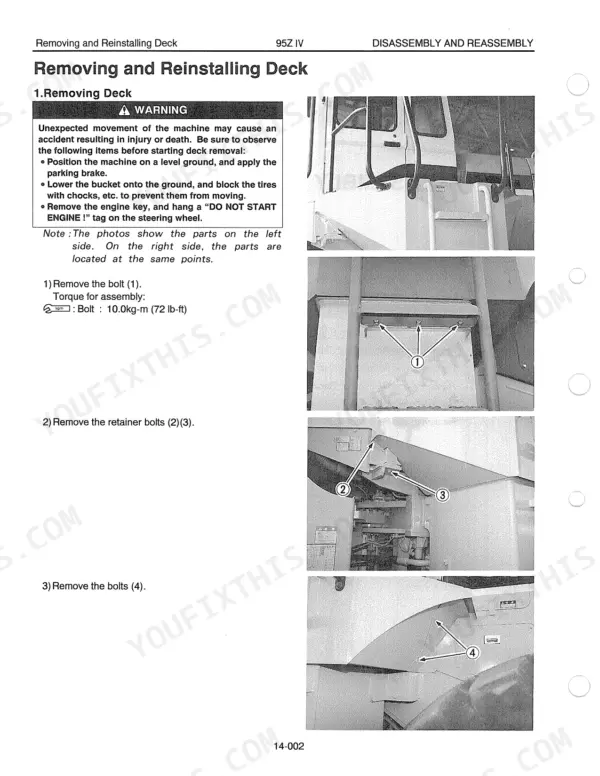 Kawasaki 95ZIV service manual page showing procedures for removing and reinstalling the deck with bolt torque specifications.