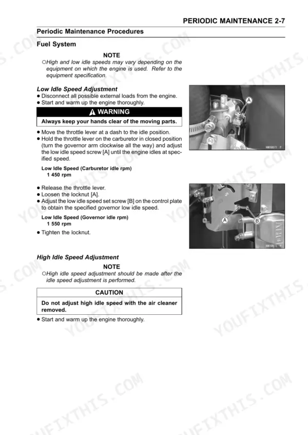 Kawasaki FX751V, FX801V, FX850V service manual page for fuel system low idle speed adjustment procedures and diagrams.