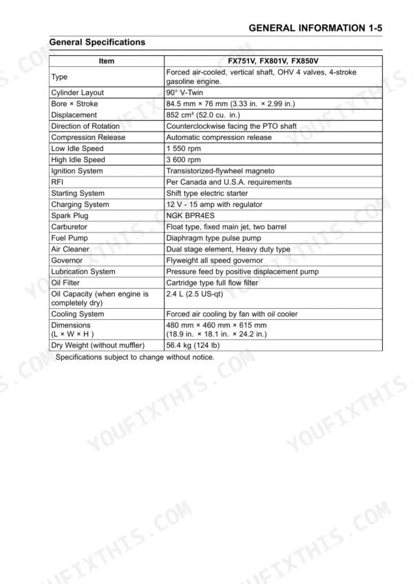 Kawasaki FX751V, FX801V, FX850V general specifications table including bore, stroke, displacement, and oil capacity.