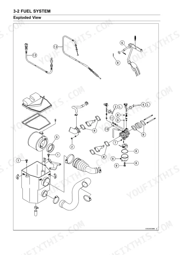 Kawasaki Mule 600 fuel system exploded view of carburetor and air cleaner