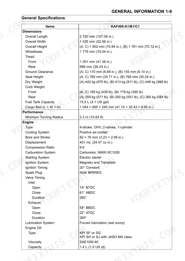 Kawasaki Mule 600 general specifications table for dimensions and engine.