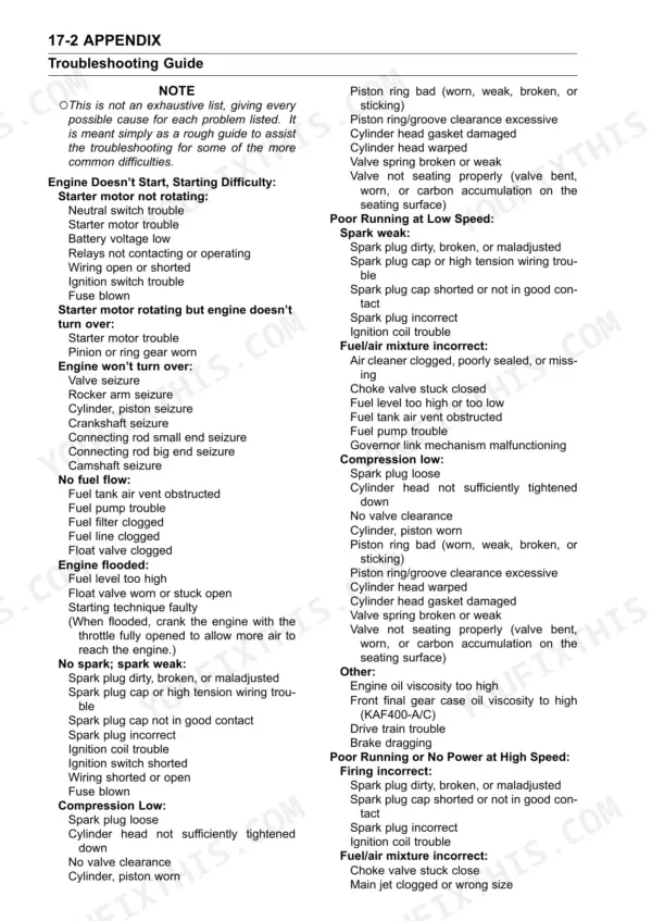 Kawasaki Mule 600 engine troubleshooting guide for starting and running issues.