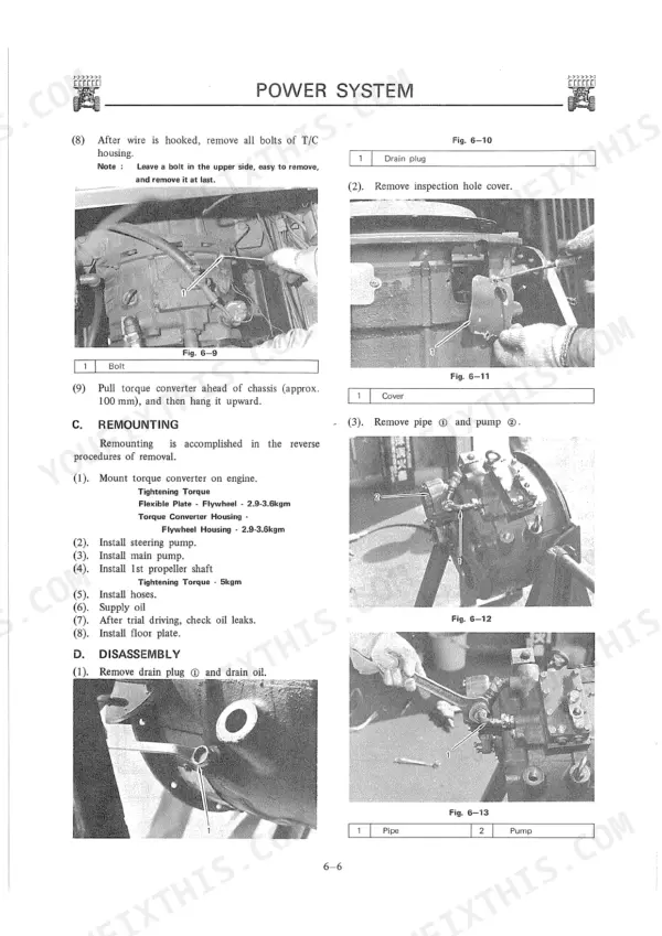 Kawasaki KSS70, KSS80Z power system manual: torque converter removal, remounting procedures, and component disassembly steps.