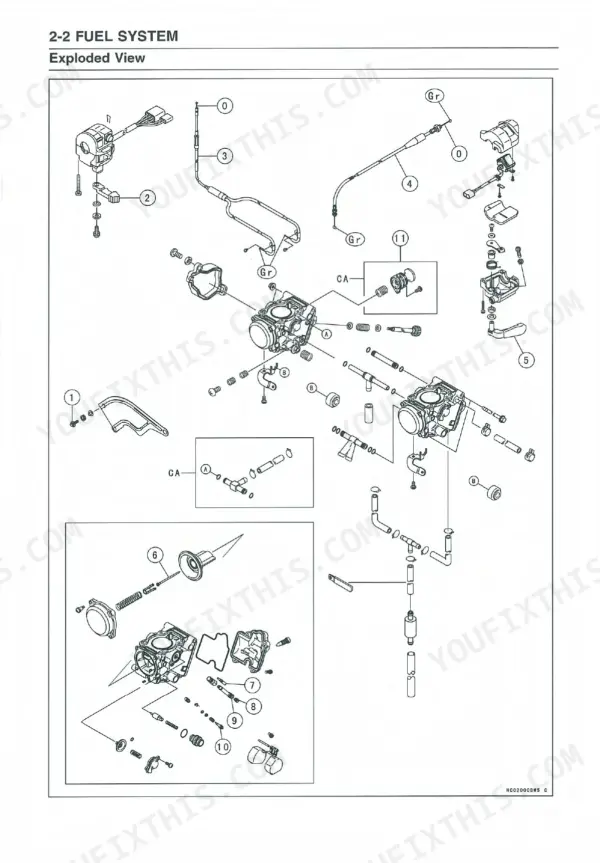 kawasaki-kvf650-series-all-terrain-vehicle-service-manual-99924-1261-04-exploded-view-76.webp Kawasaki KVF650 Prairie 650 4x4 fuel system carburetor exploded view.