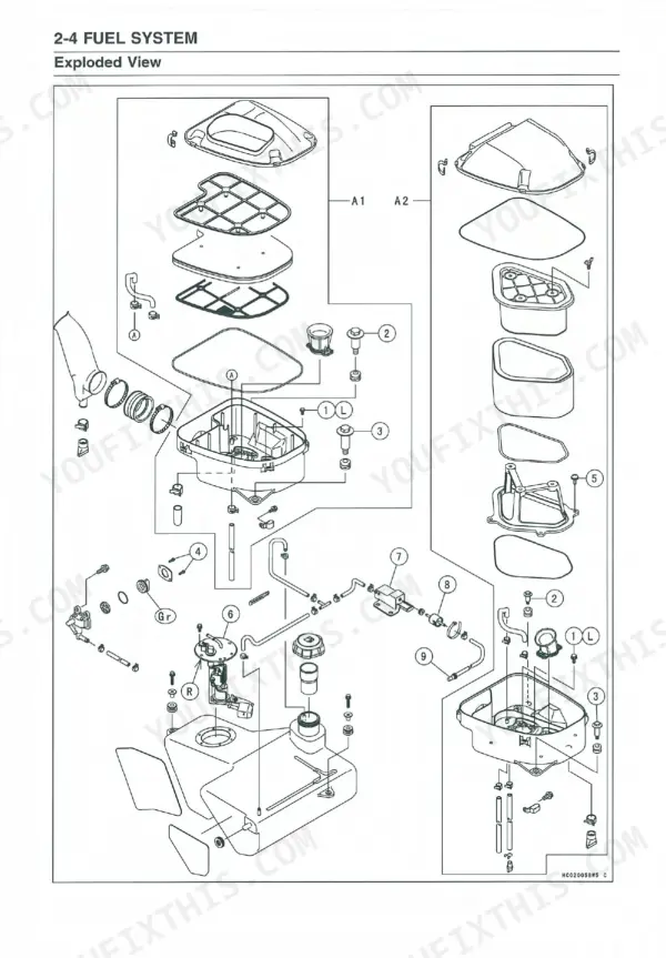 Kawasaki KVF650 Prairie 650 4x4 fuel system exploded view diagram.