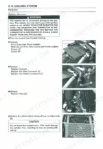 kawasaki-kvf650-series-all-terrain-vehicle-service-manual-99924-1261-04-troubleshooting-122.webp Kawasaki KVF650, PRAIRIE 650 service manual page showing radiator removal procedure, hose, fan connector, and mounting bolt diagrams.