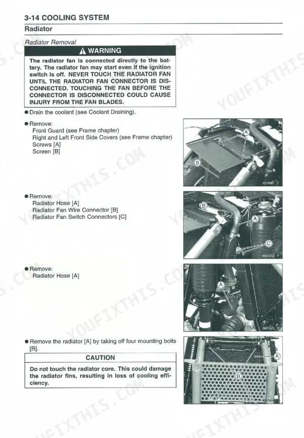 Kawasaki KVF650, PRAIRIE 650 service manual page showing radiator removal procedure, hose, fan connector, and mounting bolt diagrams.