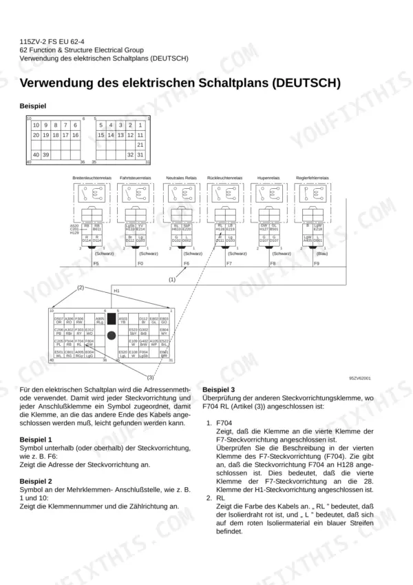 kcm-115zv-2-wheel-loader-shop-manual-93216-00462-wiring-313.webp Kawasaki 115ZV-2 electrical wiring diagram showing relay terminal addressing, connector pinouts, and German language instructions.