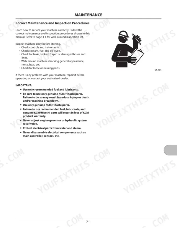 Kawasaki 30ZV-2, 40ZV-2A, 42ZV-2 maintenance manual page showing daily inspection procedures and important service guidelines.