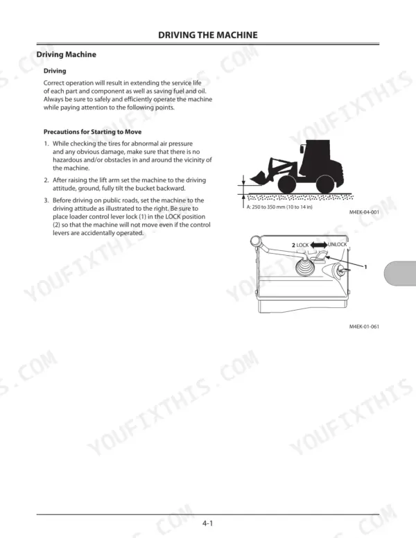 Kawasaki 30ZV-2, 40ZV-2A, 42ZV-2 driving machine procedures, bucket height diagram, and loader control lever lock operation.