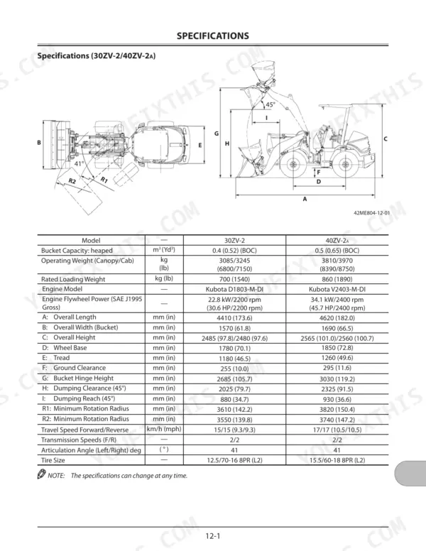 Kawasaki 30ZV-2, 40ZV-2A, 42ZV-2 wheel loader technical specifications table and dimensional diagram showing operating metrics.