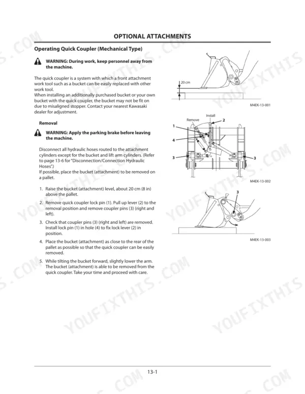 Kawasaki 45ZV-2 mechanical quick coupler removal procedure with diagrams showing lock pin, lever, and coupler pin locations.