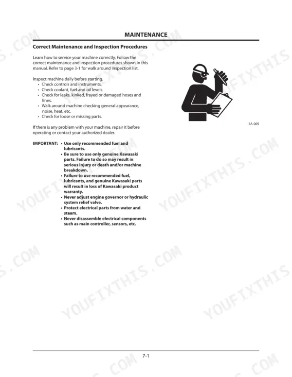 Kawasaki 45ZV-2 maintenance manual page detailing daily inspection procedures, safety warnings, and recommended fuel and lubricant usage.