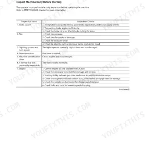 Kawasaki 45ZV-2 daily inspection table covering brake system, tires, lighting, mirrors, and engine check criteria.