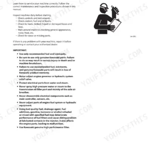 Kawasaki 60Z7 maintenance manual page detailing daily inspection procedures and important fuel, lubricant, and parts guidelines.