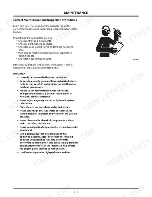 kcm-60z7-wheel-loader-operator-manual-93106-00170-maintenance-212.webp Kawasaki 60Z7 maintenance manual page detailing daily inspection procedures and important fuel, lubricant, and parts guidelines.