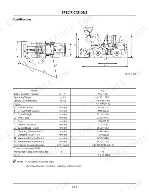 Kawasaki 60Z7 wheel loader specifications table with dimensional diagram showing bucket, wheelbase, and clearance measurements.