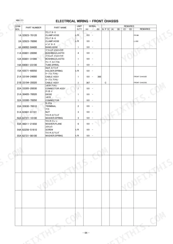 Kawasaki 60ZV parts list table for electrical wiring front chassis, including part numbers for clamps, cables, and connectors.