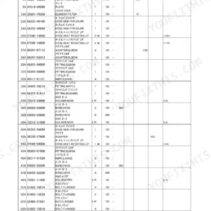 Kawasaki 60ZV parts list table for transmission hydraulic line showing part numbers, names, and quantities for hoses and fittings.