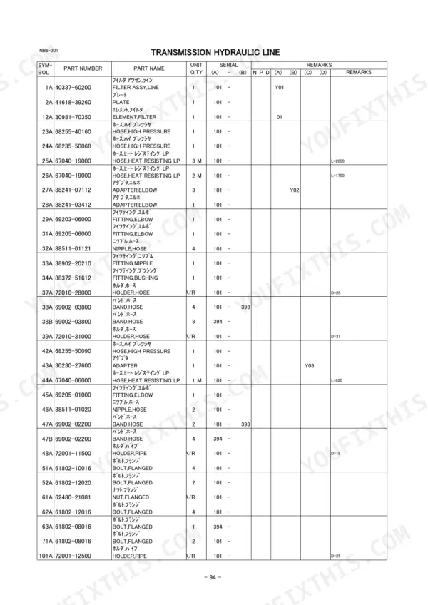 kcm-60zv-wheel-loader-parts-catalog-93306-00261-page-131.webp Kawasaki 60ZV parts list table for transmission hydraulic line showing part numbers, names, and quantities for hoses and fittings.