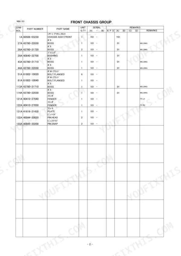 Kawasaki 60ZV parts list for Front Chassis Group, including part numbers for chassis, boss, bushing, fender, and pins.