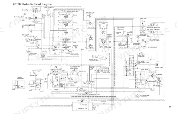 Kawasaki 62Z7, 67Z7, 67TM7 hydraulic circuit diagram showing bucket, steering, brake, and HST motor systems with pressure ratings.