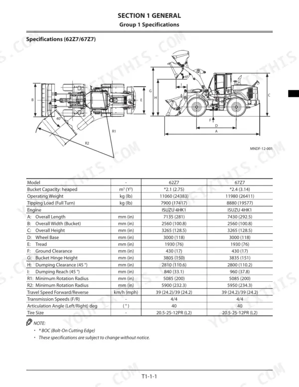 Kawasaki 62Z7, 67Z7, 67TM7 wheel loader dimensional diagram and technical specifications table for bucket, weight, and engine.