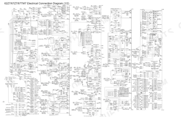 kcm-62z7-67z7-67tm7-wheel-loader-shop-manual-93207-01021-wiring-972.webp Kawasaki 62Z7, 67Z7, 67TM7 electrical connection diagram showing fuses, relays, switches, and air conditioner controller unit wiring.