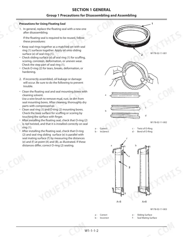 Kawasaki 70Z7, 70TM7 procedures for floating seal disassembly, assembly, inspection, and O-ring seating alignment diagrams.