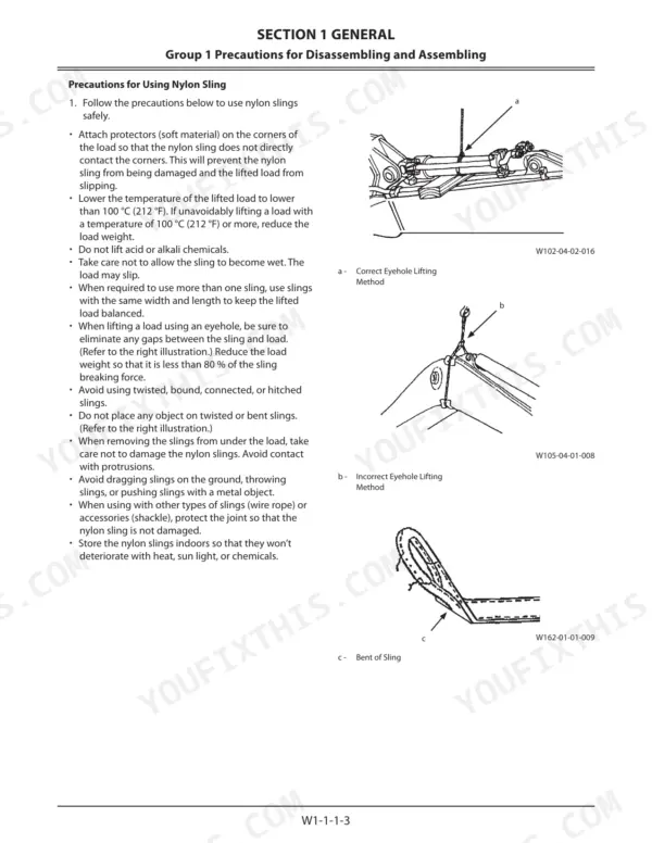 Kawasaki 70Z7, 70TM7 safety procedures for using nylon slings, including correct and incorrect eyehole lifting methods.