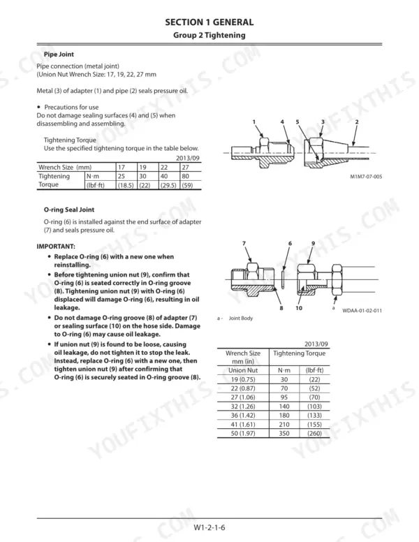 Kawasaki 70Z7, 70TM7 pipe and O-ring seal joint tightening torque specifications, diagrams, and assembly procedures.