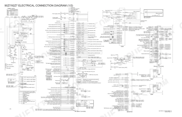 kcm-90z7-92z7-wheel-loader-shop-manual-93213-00593-wiring-463.webp Kawasaki 90Z7, 92Z7 electrical connection diagram showing ECM, monitor controller, sensors, relays, and solenoid valve wiring.