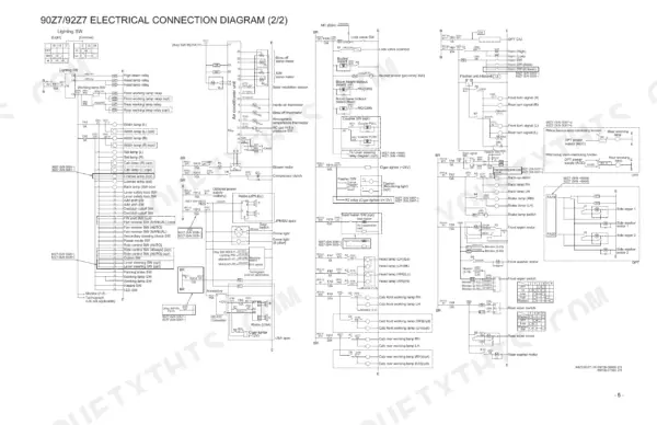 Kawasaki 90Z7, 92Z7 electrical connection diagram showing lighting, AC, wiper, and accessory circuits for cab and exterior components.