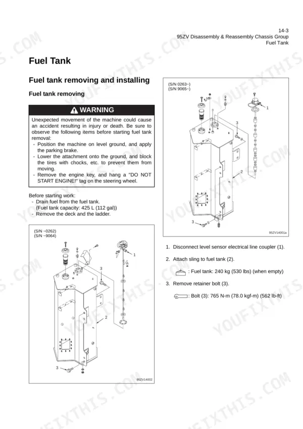 Kawasaki 95ZV fuel tank removal and installation procedure with exploded view diagrams and torque specifications.