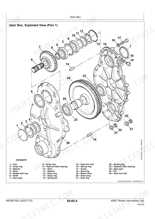 kemper-450fi-rotary-harvesting-unit-technical-manual-84338732a-exploded-view-40.webp Kemper 450FI gear box exploded view showing gears, bearings, snap rings, and housing halves with numbered parts list.